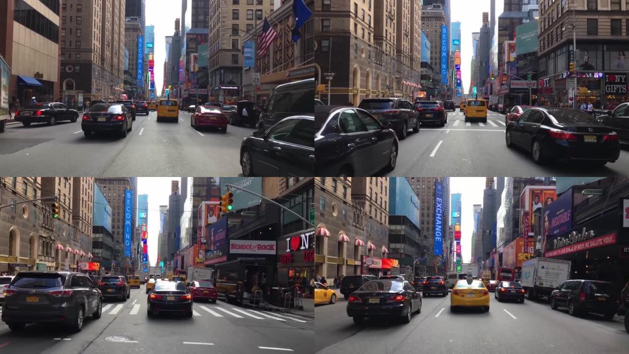 汽车驶过曼哈顿大都会，俯瞰办公楼。