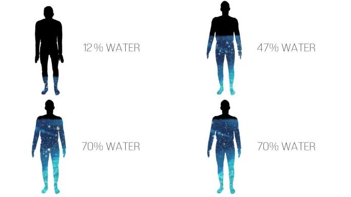 人体中水的百分比。运动中的人的剪影