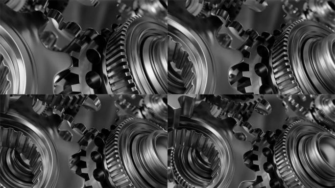带齿轮的工业视频背景。3d动画。