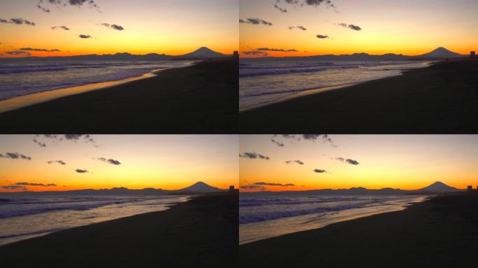 富士山和日落时的沙滩