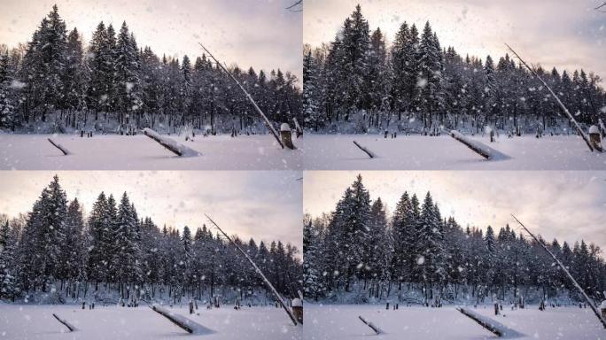 美丽的冬季风景，相机向湖边左移。美丽的降雪