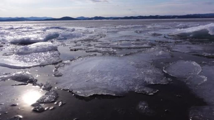 日本北海道蒙别Saroma湖浮冰的镜头