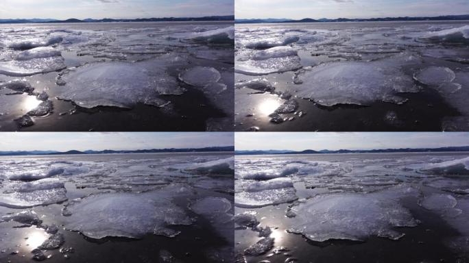 日本北海道蒙别Saroma湖浮冰的镜头