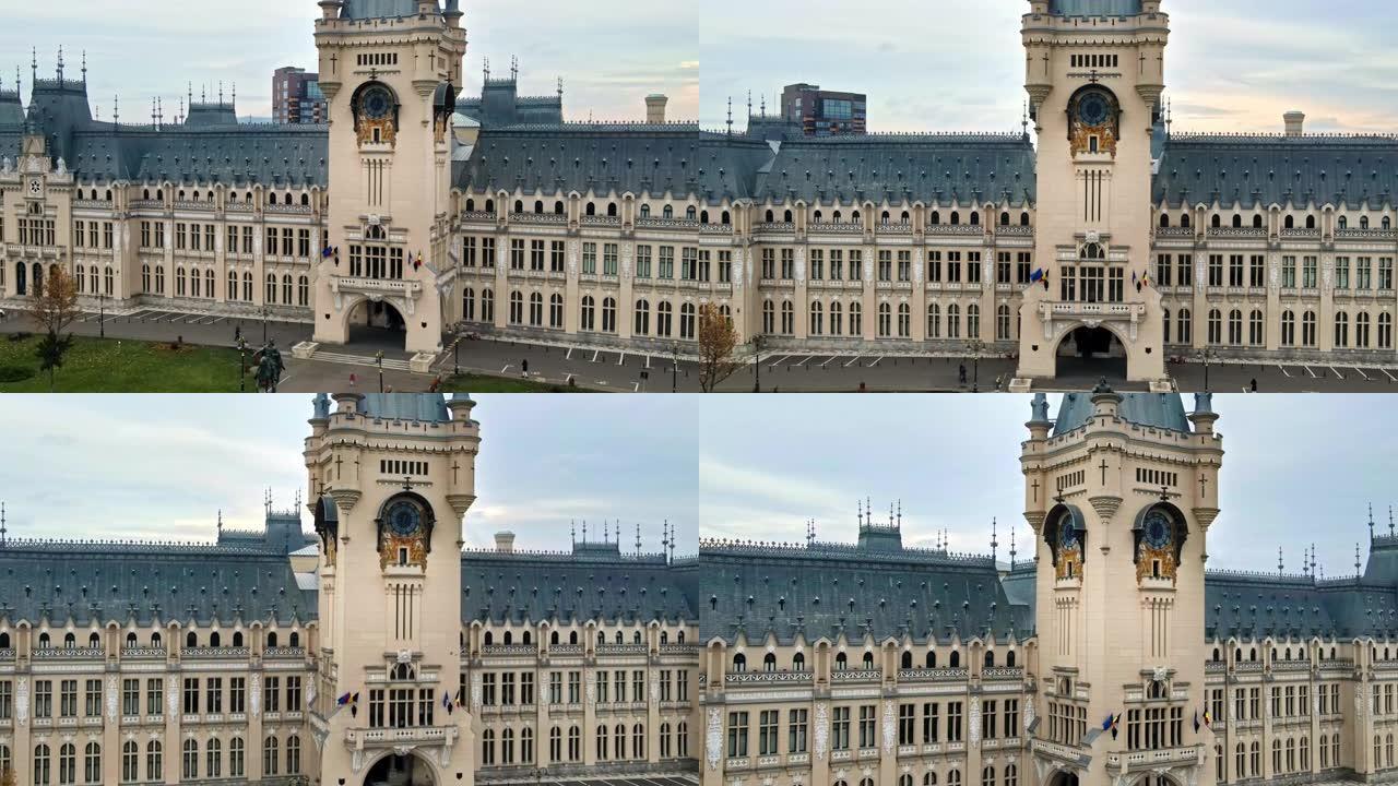 罗马尼亚雅西中央建筑的空中无人机视图。它前面的正方形