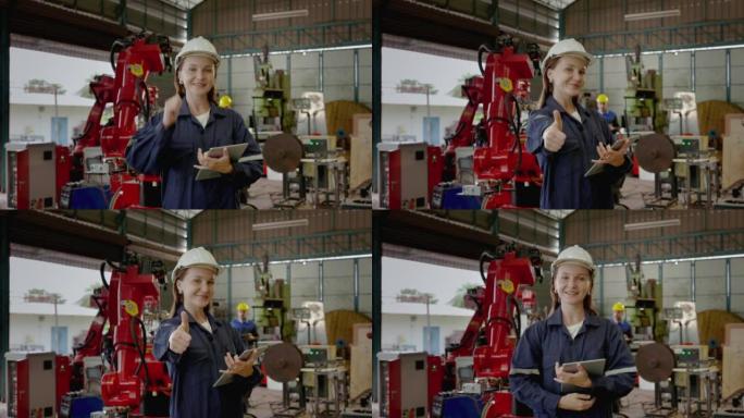 年轻的高加索工程师正在介绍和解释机械臂的工作原理，并在工厂中竖起大拇指，这是一种创新的行业标准。4.