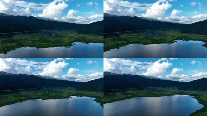 金色稻田和蓝色湖泊