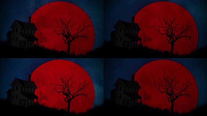 有树和大红色月亮的老房子