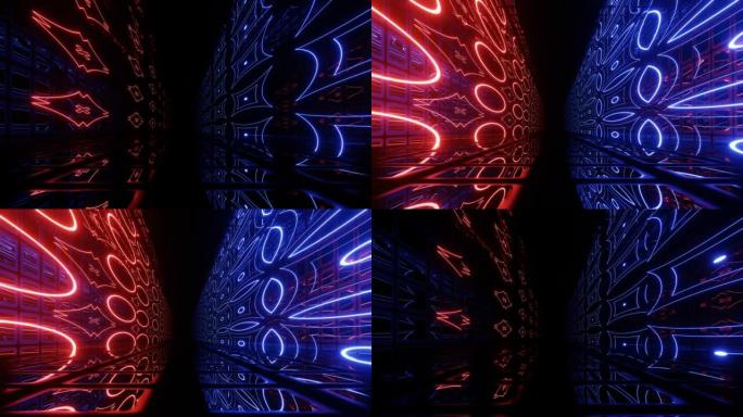 高科技霓虹灯科幻tunel。时尚的霓虹灯辉光线在镜面隧道中形成图案和结构。飞越技术网络空间。辉光线形