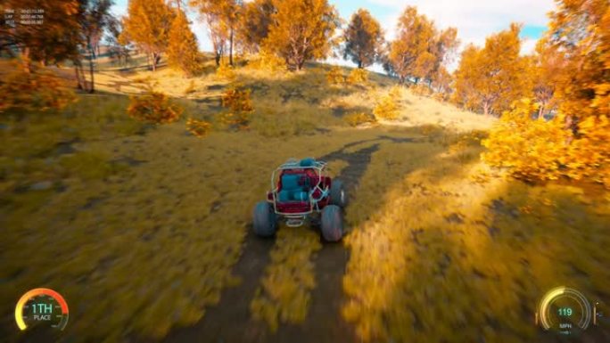 伪造的3D视频游戏。4k赛车穿越森林。HUD。