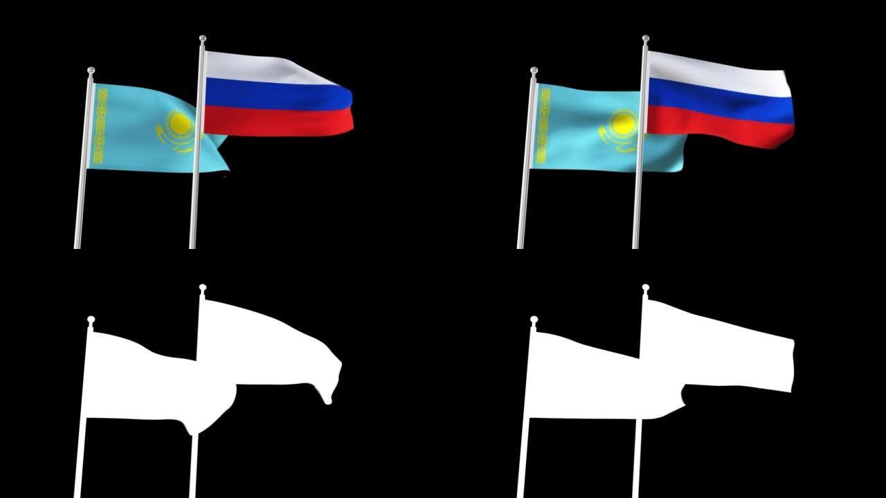 俄罗斯和哈萨克斯坦国旗无缝挥舞动画。俄罗斯和哈萨克斯坦背景。4k分辨率视频。天空背景上的波兰人附有两