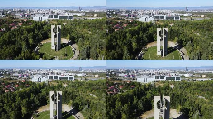保加利亚索非亚的坎巴尼特公园 (钟声) 的和平旗纪念国际儿童大会的鸟瞰图