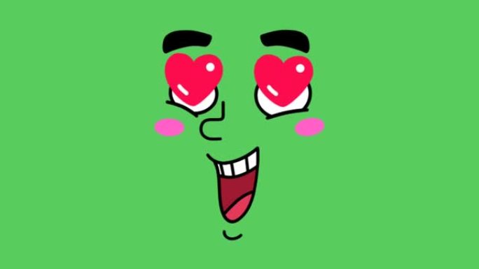 动画脸在绿色背景上标记恋爱的迹象。