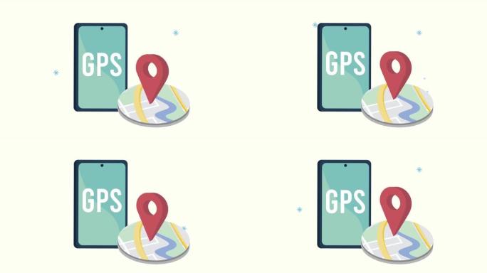 地图和智能手机中带有pin的gps服务动画