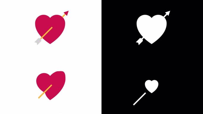爱情或箭头穿过心脏图标。4k动画