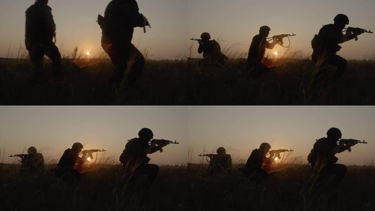 武装狙击手在战场上奔跑和瞄准敌人的战斗训练。