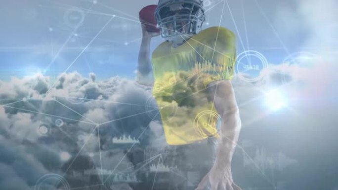 美式足球运动员和云上的连接和数据处理网络动画