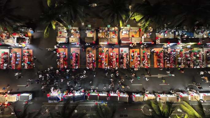 海南大学南门小吃一条街夜景航拍