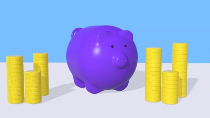 存钱罐和一堆钱币。3D动画。储蓄、投资和金融的概念。