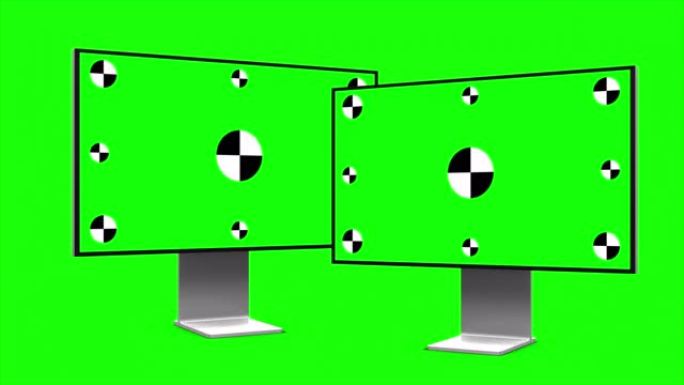 两台绿色屏幕的现代计算机，隔离在绿色背景上。3d渲染。