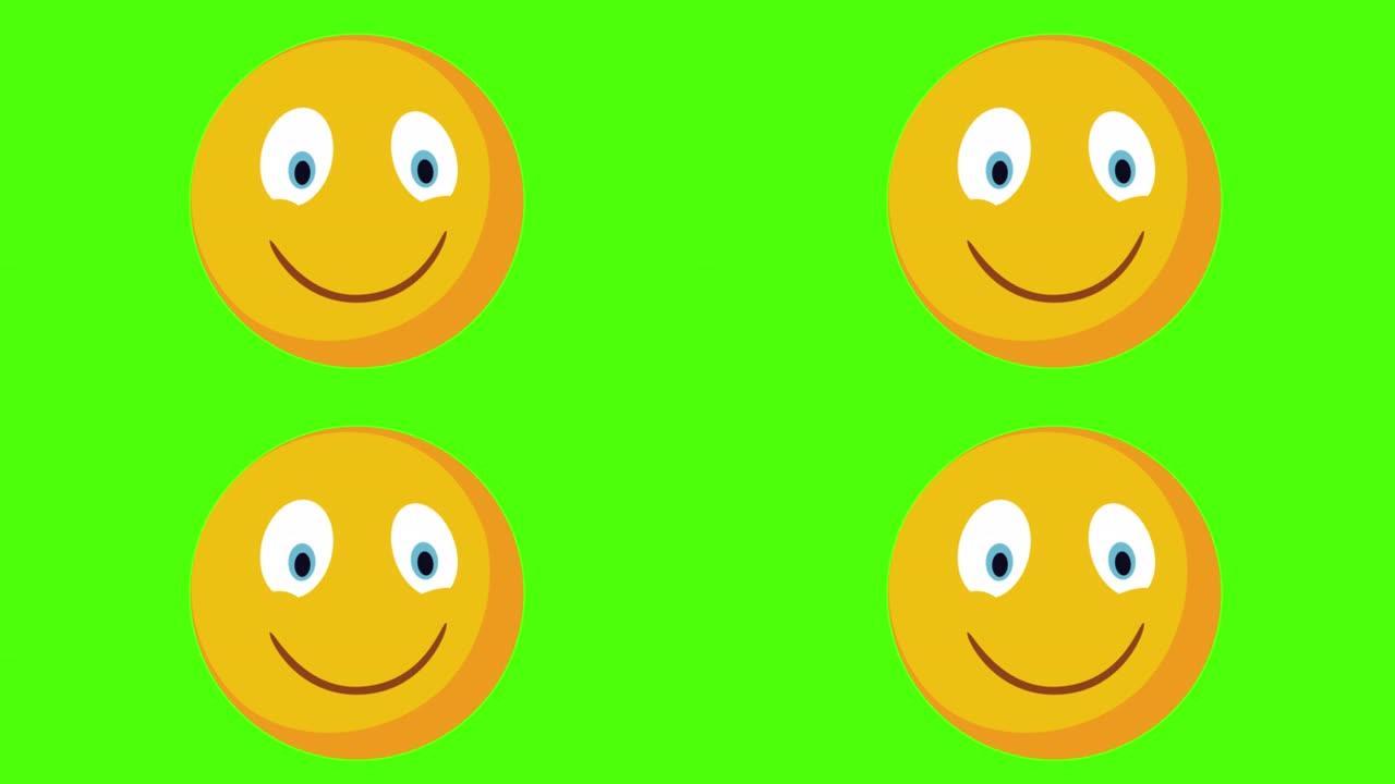 绿色背景上微笑的黄色圆形脸的3D动画