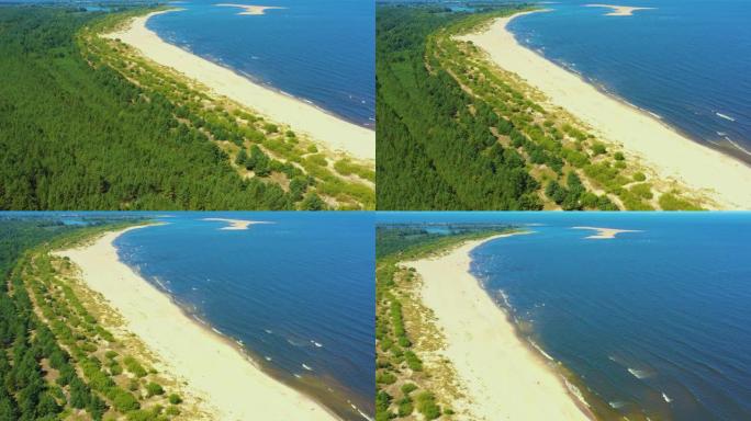 4k鸟瞰图俯视图无人机用白沙移动美丽的局部海滩。俯视图空旷干净的海滩。美丽的Jantar，Mikos