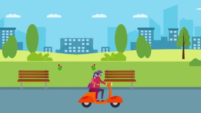 浪漫的情侣在公园附近骑踏板车