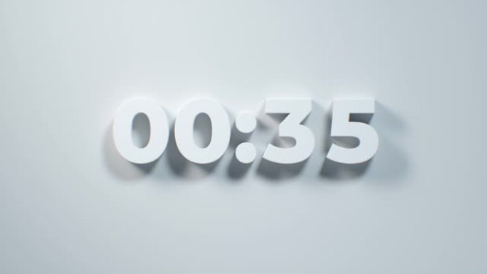 60秒倒计时。白色墙壁上的最小3D白色数字。1分钟倒计时。30或10秒。简单的数字倒计时时钟计时器在