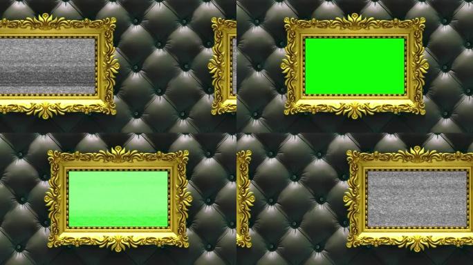 相机在豪华黑色室内装饰背景上沿着金色相框移动。无缝循环3d动画。带有电视噪音和绿屏的模型。