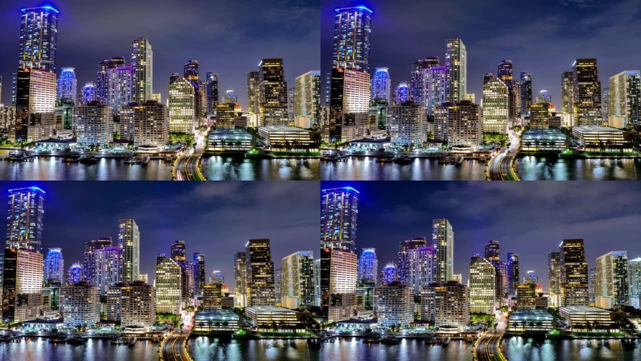 佛罗里达州迈阿密万家灯火市中心夜景延时夜