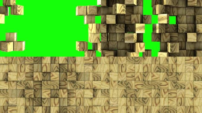 木制立方体在绿色背景上组装