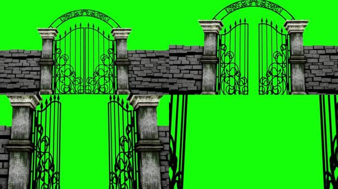 绿屏上的哥特式大门入口，3D动画