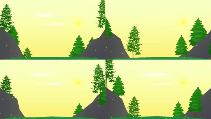 卡通自然背景。带有岩石的森林景观动画