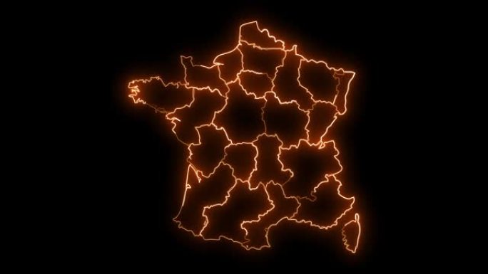 法国地图，所有州或省份发光霓虹灯轮廓进出动画。