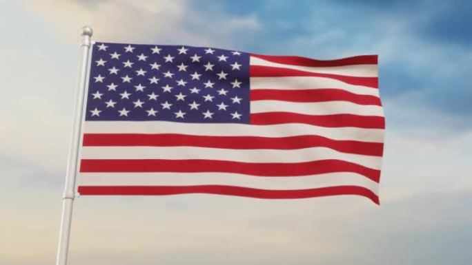 现代美国国旗在明亮的白天高高飘扬。