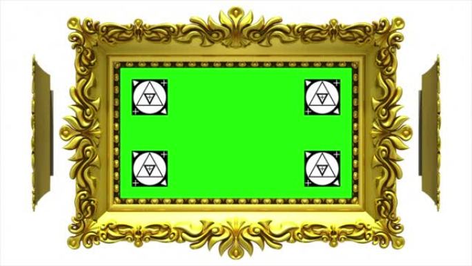华丽的金色相框在白色背景上旋转成一圈。无缝循环，带有运动跟踪标记和绿色屏幕的3D动画。包括阿尔法哑光
