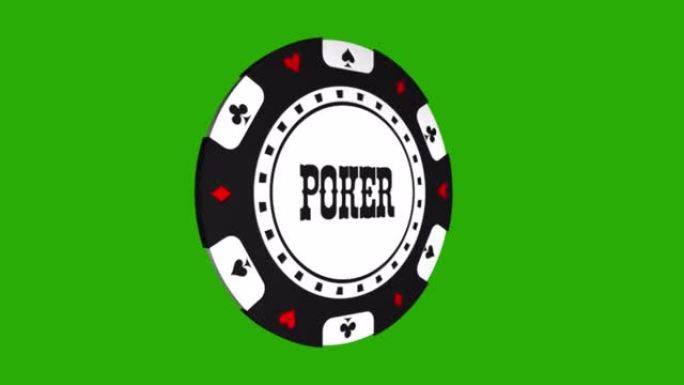 带有扑克单词的黑色赌场筹码在绿色背景上的轴上旋转。360度旋转扑克芯片的3D动画。博彩游戏概念。扑克