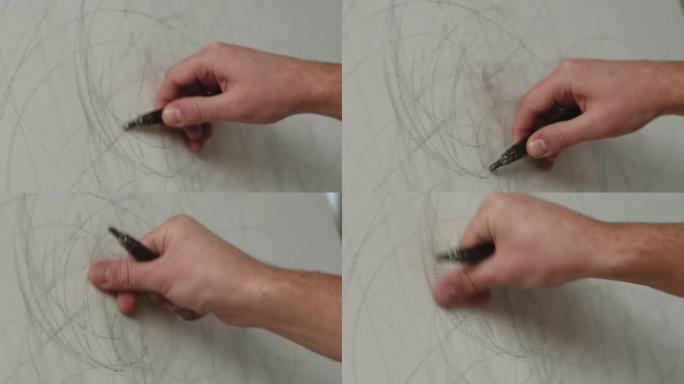 画家用铅笔在画布上手工绘制线条，着色石墨草稿。特写手持视频。Proores编解码器