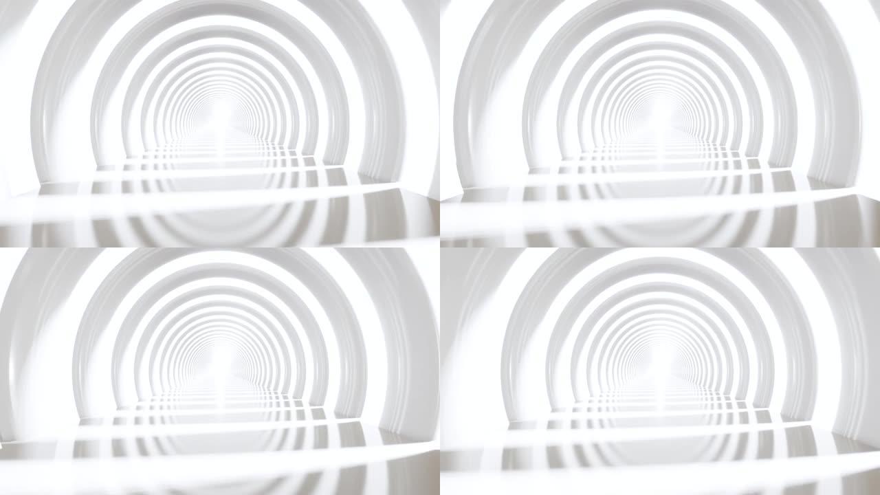 运动空白色隧道。走廊，室内设计，建筑，技术，宇宙飞船，科学，工业的3D背景。抽象3d动画。视频3D 