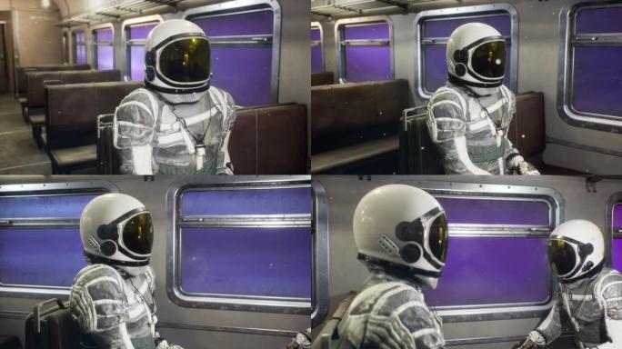 宇航员旅行者以超光速乘坐星际太空列车飞行。幻想太空旅行的概念。该动画非常适合太空，幻想和科幻背景