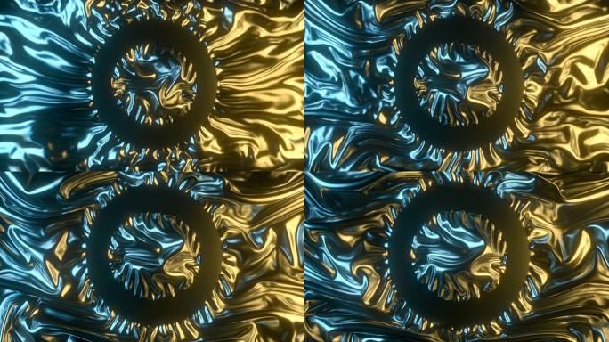 黑色金属光泽箔的3d渲染数字动画，带有对比鲜明的蓝色和黄色反射，并将徽标或标题放置在中间。高清分辨率