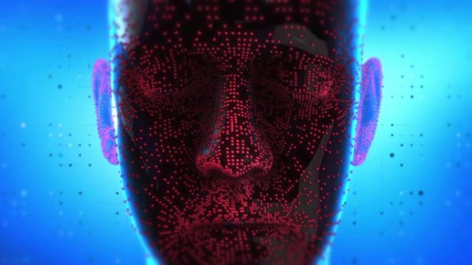AI人形机器人脸。人脸分析仪正在进行中。大数据。