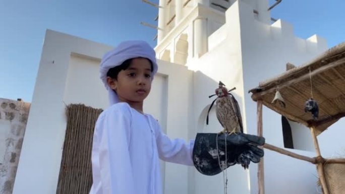 阿拉伯孩子穿着传统服装，手上拿着小猎鹰