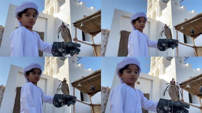 阿拉伯孩子穿着传统服装，手上拿着小猎鹰