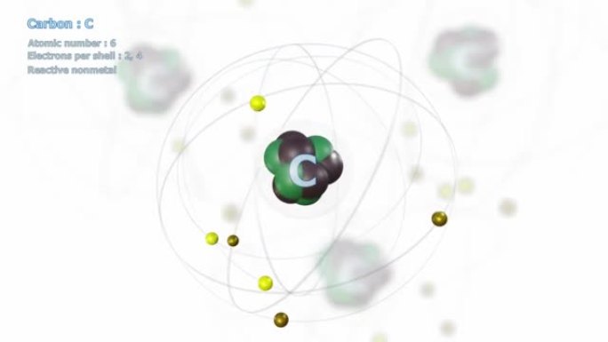 带有6个电子的碳原子在带有原子的白色上无限轨道旋转