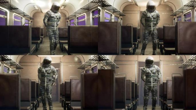 宇航员害羞，在星际空间火车上以超光速疾驰。幻想太空旅行的概念。该动画非常适合太空，幻想和科幻背景。