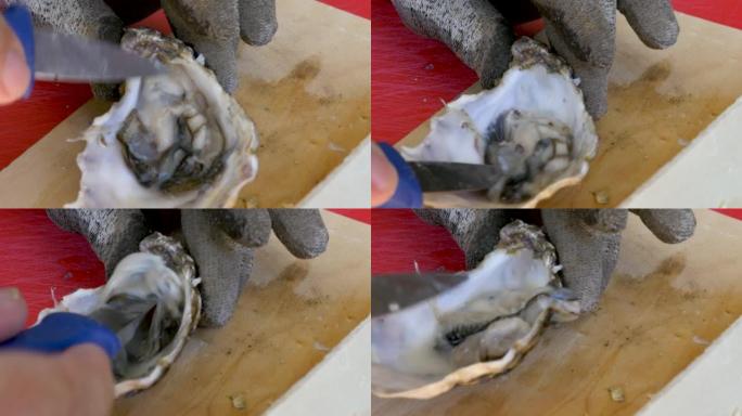 牡蛎内部用刀清洁