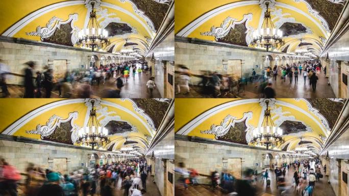 莫斯科地铁延时视图显示俄罗斯莫斯科高峰时段繁忙地铁站的人们