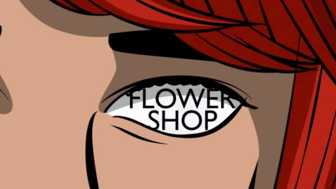 女性眼中的花店文字。特写卡通动画。