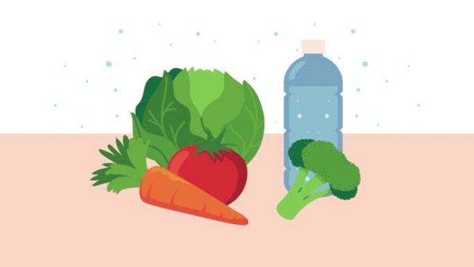 健康饮食计划动画与蔬菜和水