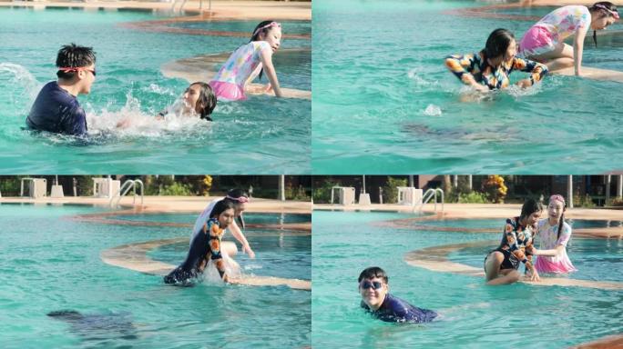 快乐的亚洲儿童在阳光明媚的日子里一起在游泳池玩得开心，生活方式理念。